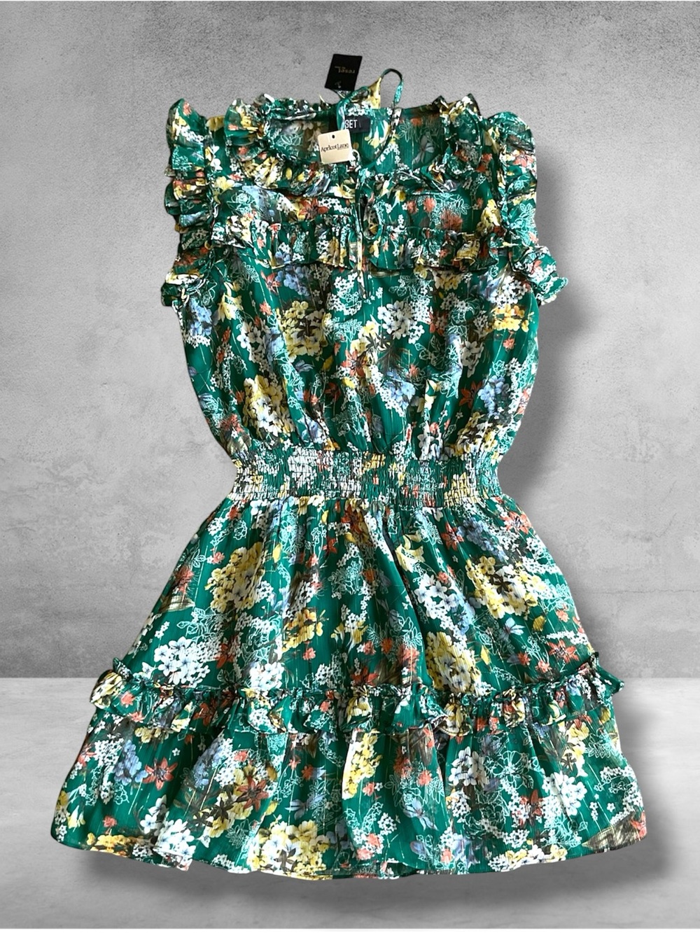 Reset By Jane Emerald Green Floral Mini Dress With Smocked Waist Size M